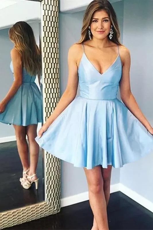 A Line Spaghetti Straps V Neck Short Light Blue Prom Homecoming, Light Blue Formal Graduation Evening