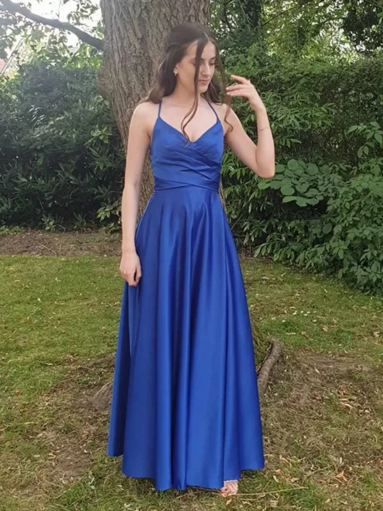 A Line V Neck Open Back Royal Blue Long Prom Dresses, Royal Blue Backless Long Formal Evening Dresses