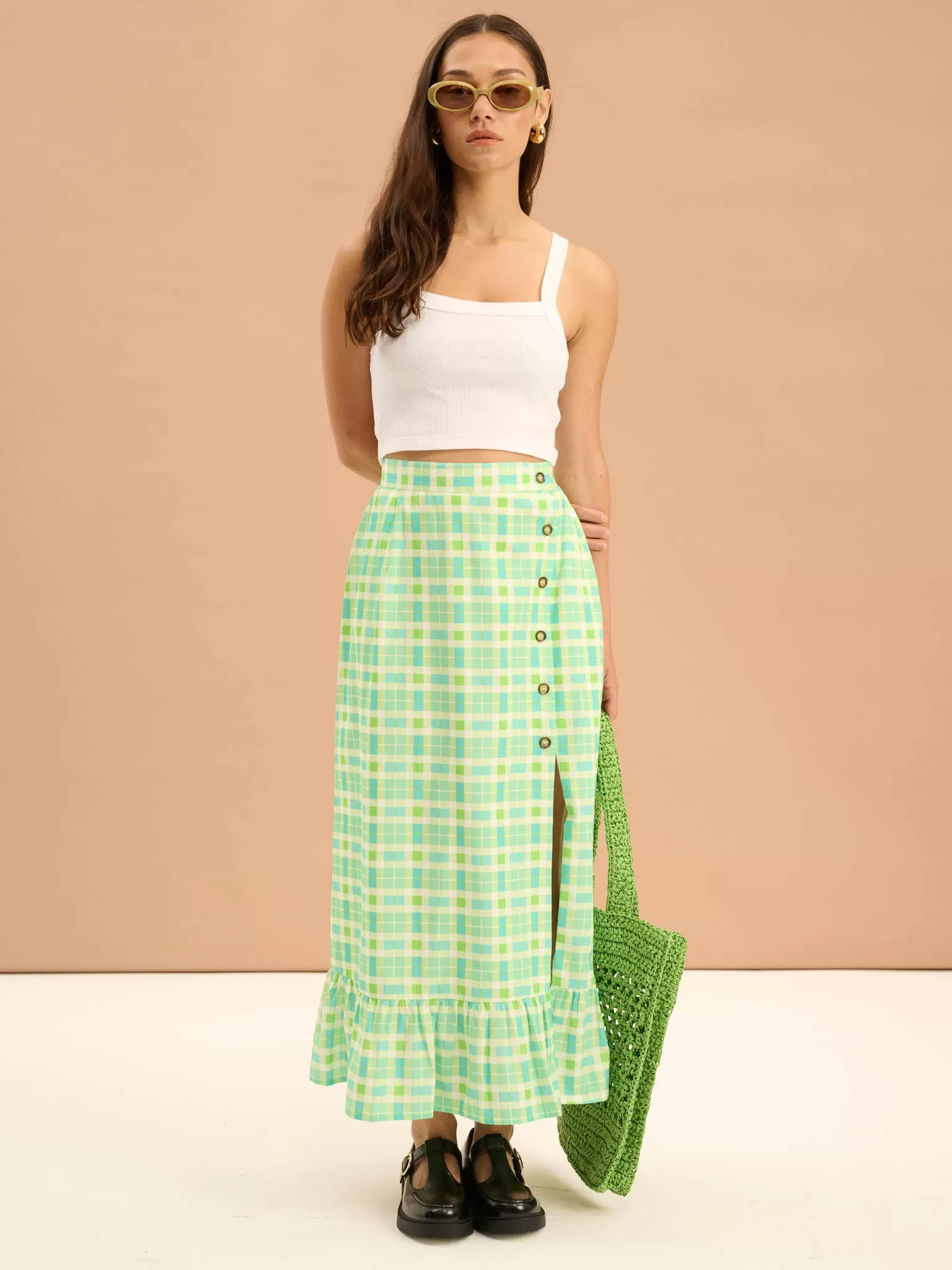 Adria Check Print Side Button Frill Hem Skirt in Green