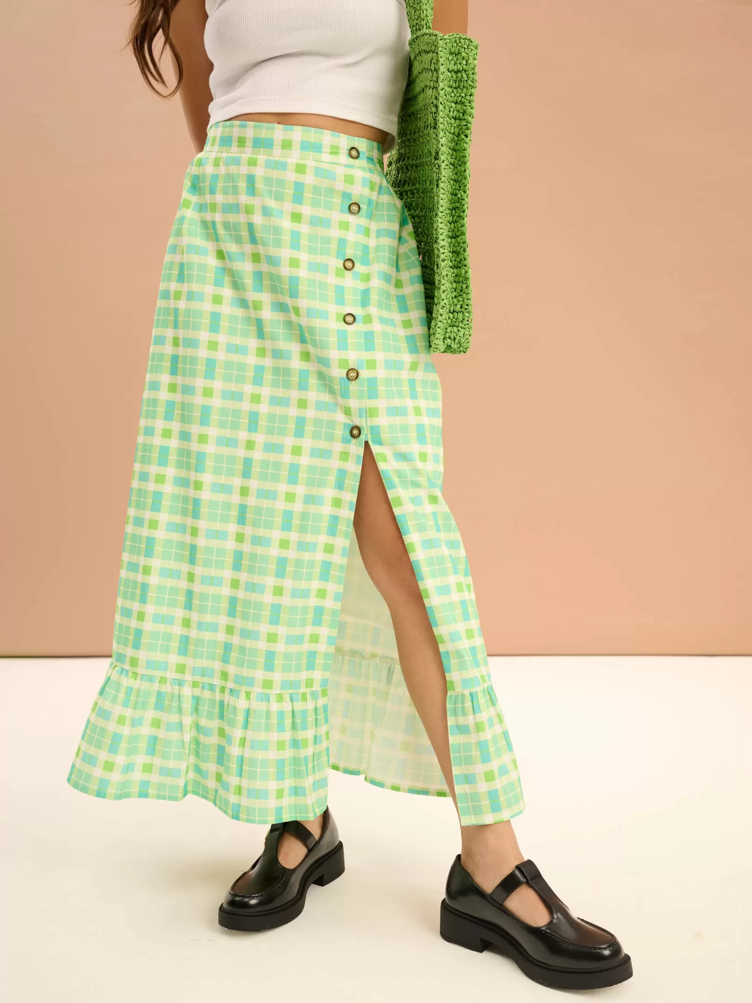 Adria Check Print Side Button Frill Hem Skirt in Green