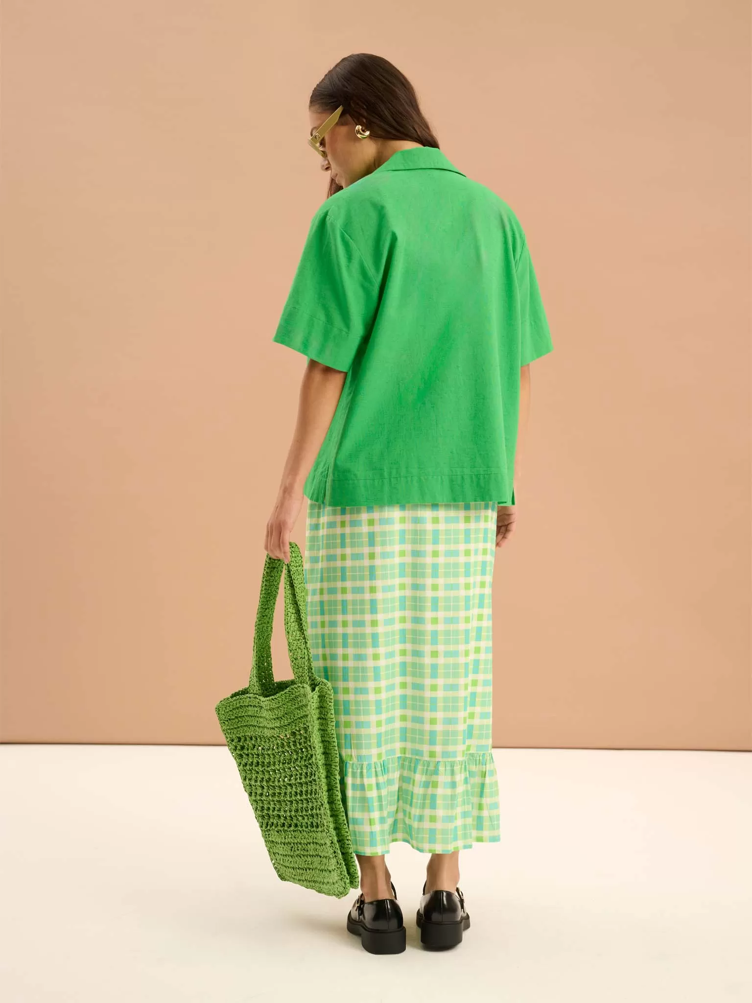 Adria Check Print Side Button Frill Hem Skirt in Green