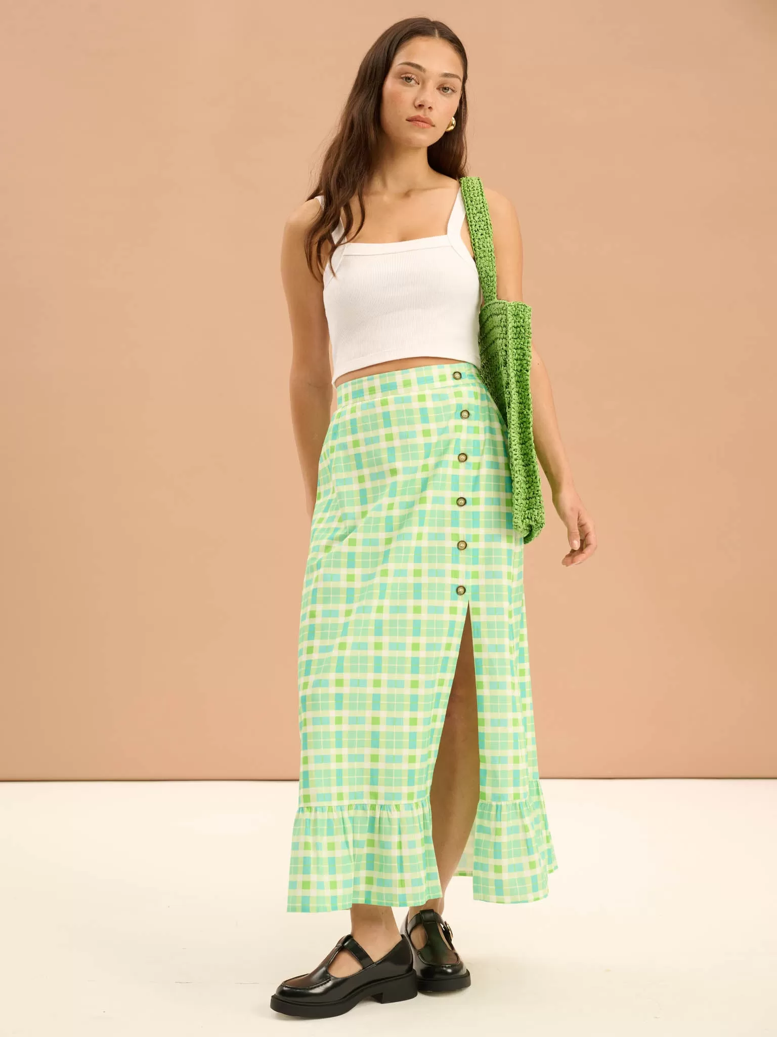 Adria Check Print Side Button Frill Hem Skirt in Green