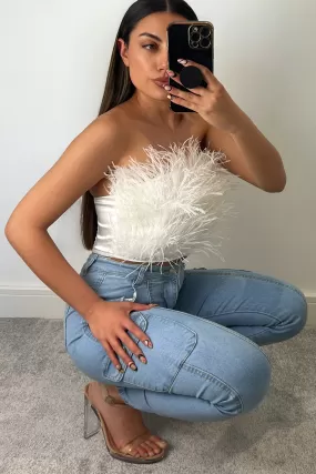 Alisa White Feather Bandeau Crop Top