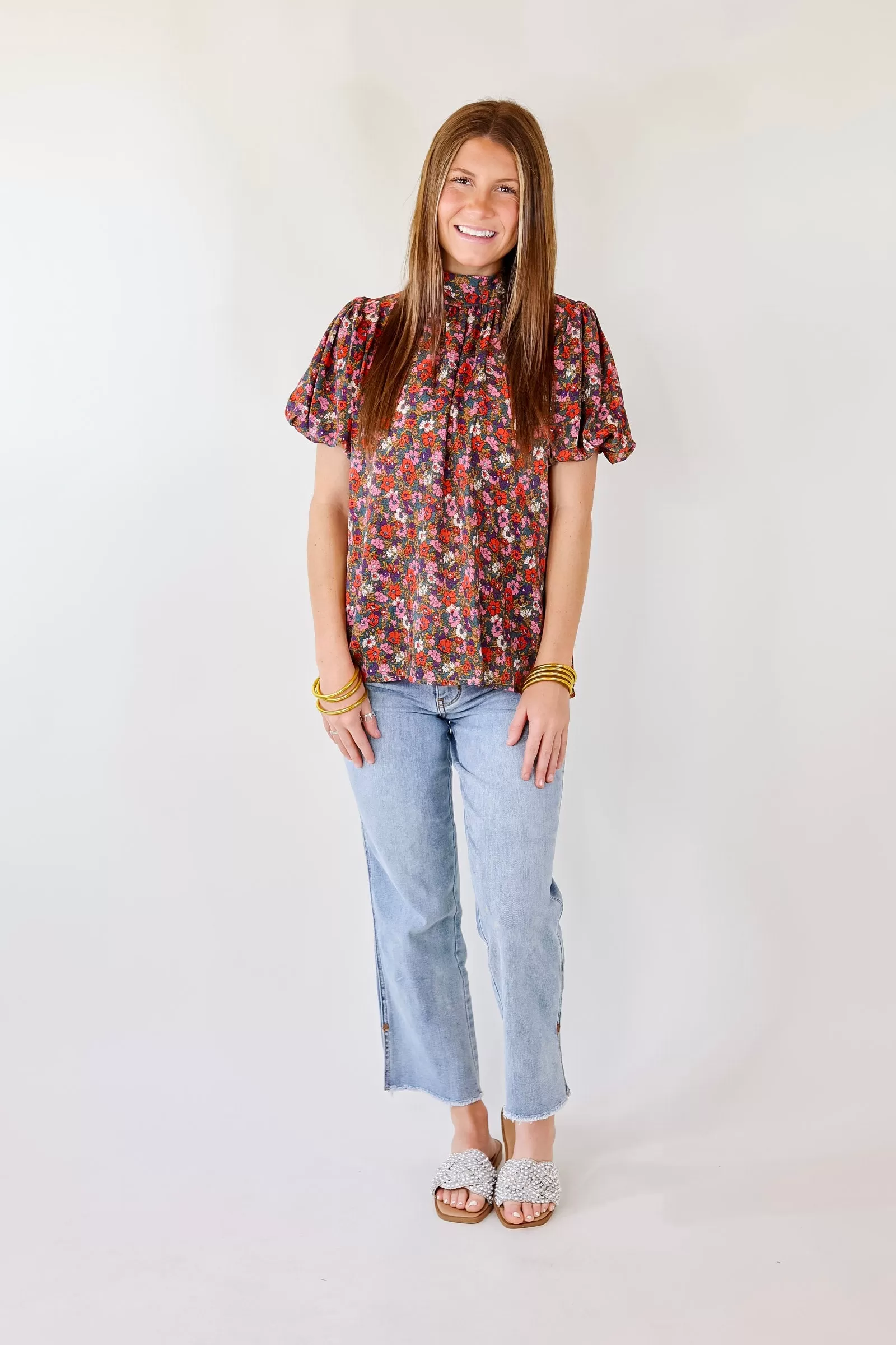 All Day Divine Mock Neck Floral Short Sleeve Top with Tie Back