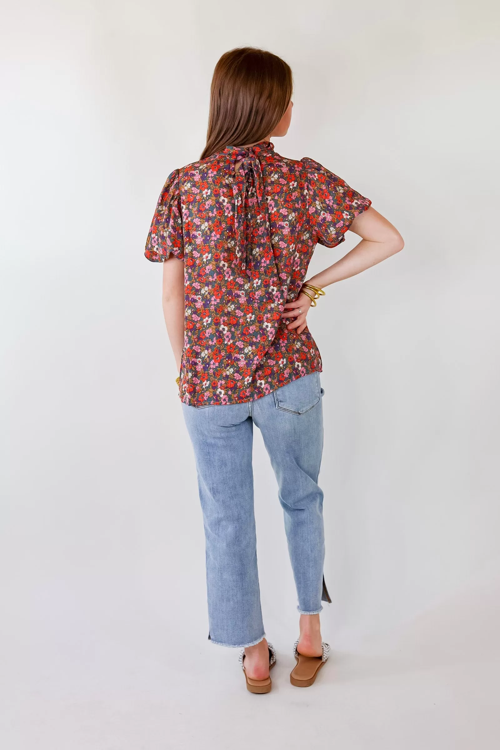 All Day Divine Mock Neck Floral Short Sleeve Top with Tie Back