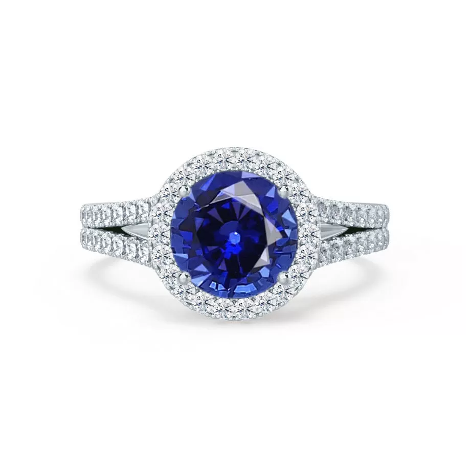 AMELIA - Chatham® Lab Grown Blue Sapphire & Diamond 18k White Gold Halo Ring