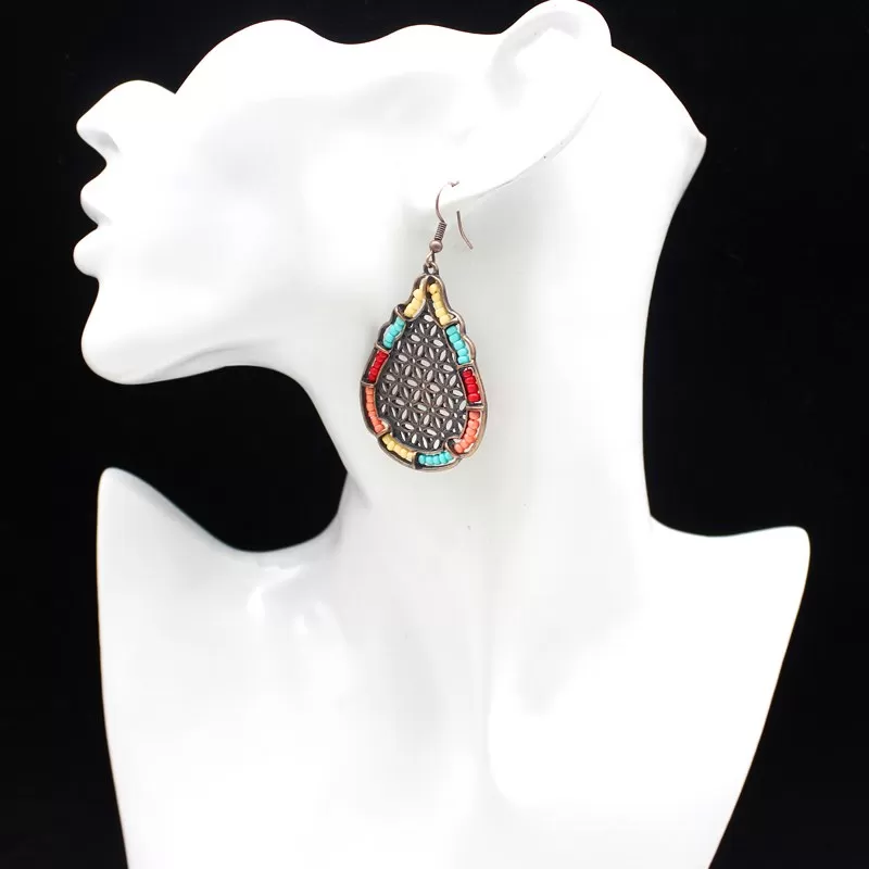 Antique Bronze Mesh Drop Earrings with Colorful Beads