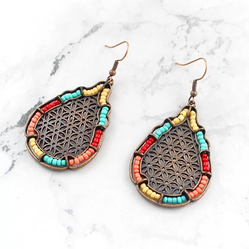 Antique Bronze Mesh Drop Earrings with Colorful Beads