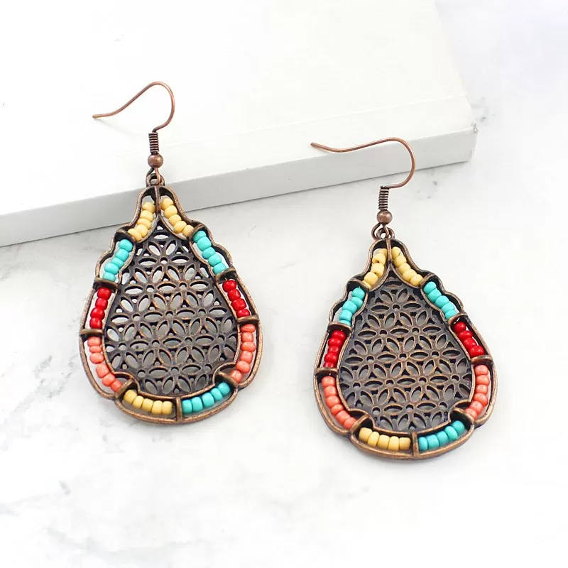 Antique Bronze Mesh Drop Earrings with Colorful Beads