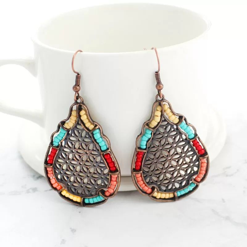 Antique Bronze Mesh Drop Earrings with Colorful Beads