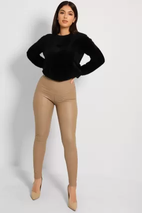 Beige Vegan Leather Fleece Lined Leggings