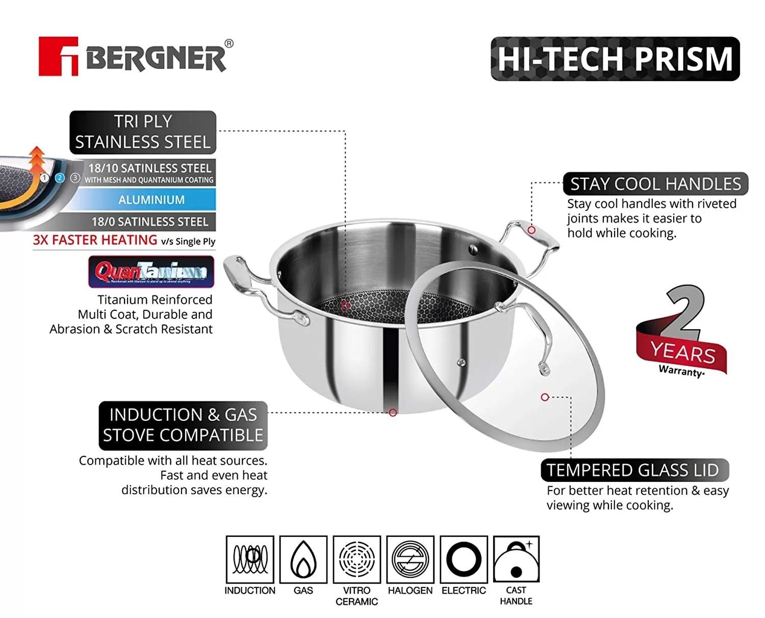 Bergner Hitech Prism Triply Stainless Steel Non Stick Casserole