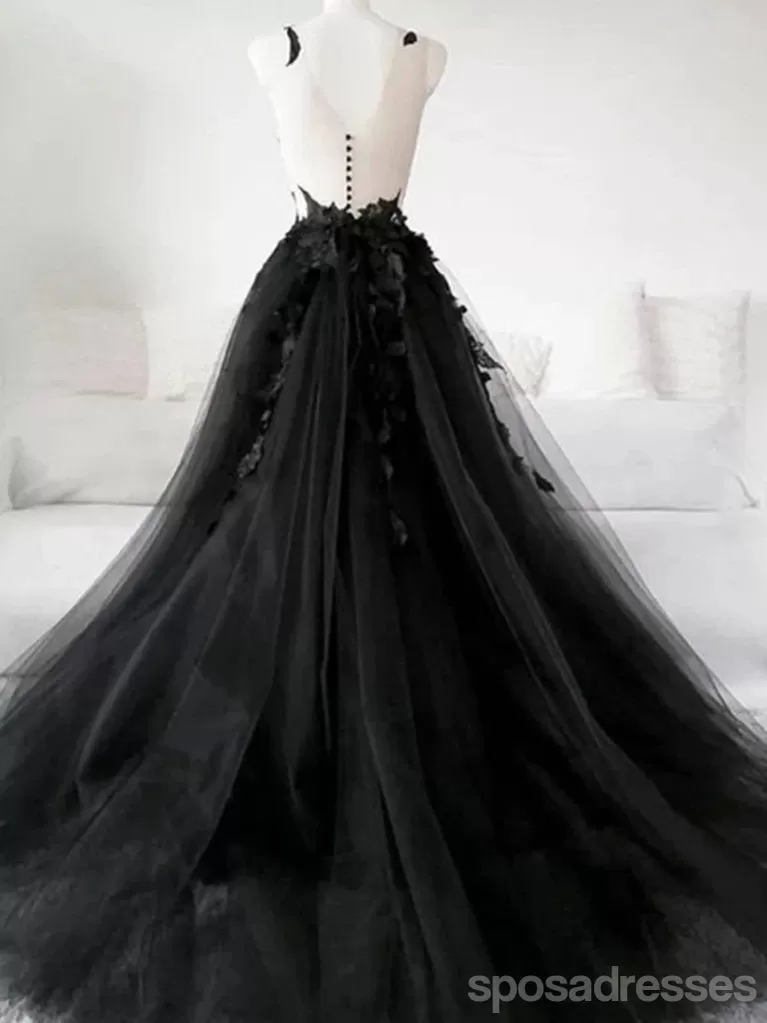 Black A-line Spaghetti Straps V-neck Long Prom Dresses Online,12732