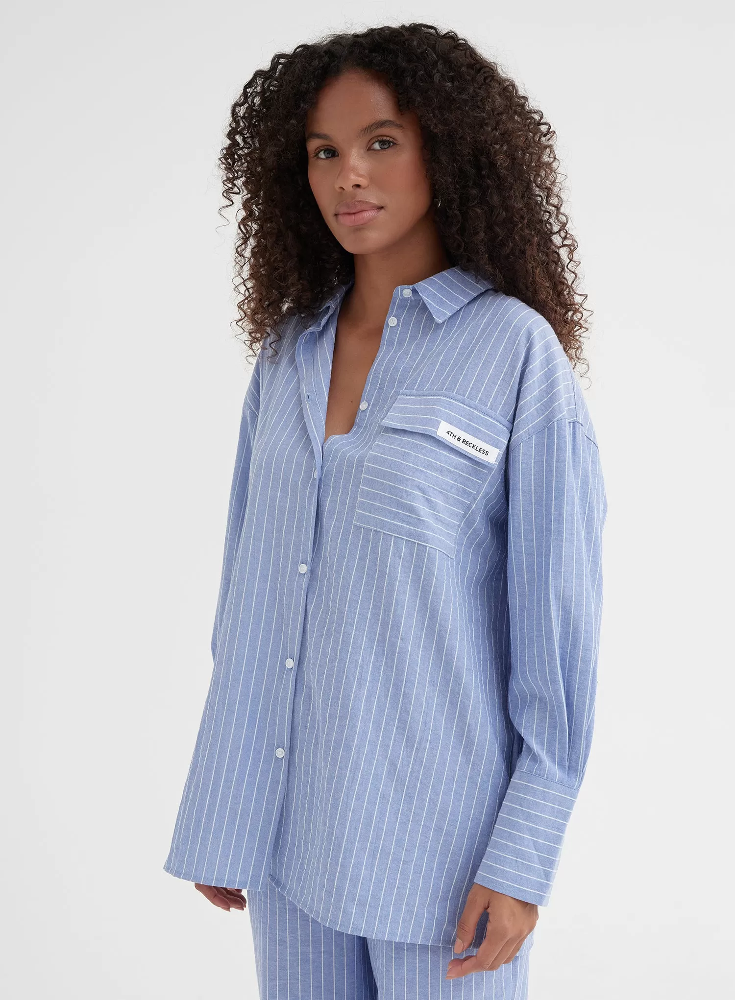 Blue Pinstripe Cotton Blend Pyjama Shirt - Cabo