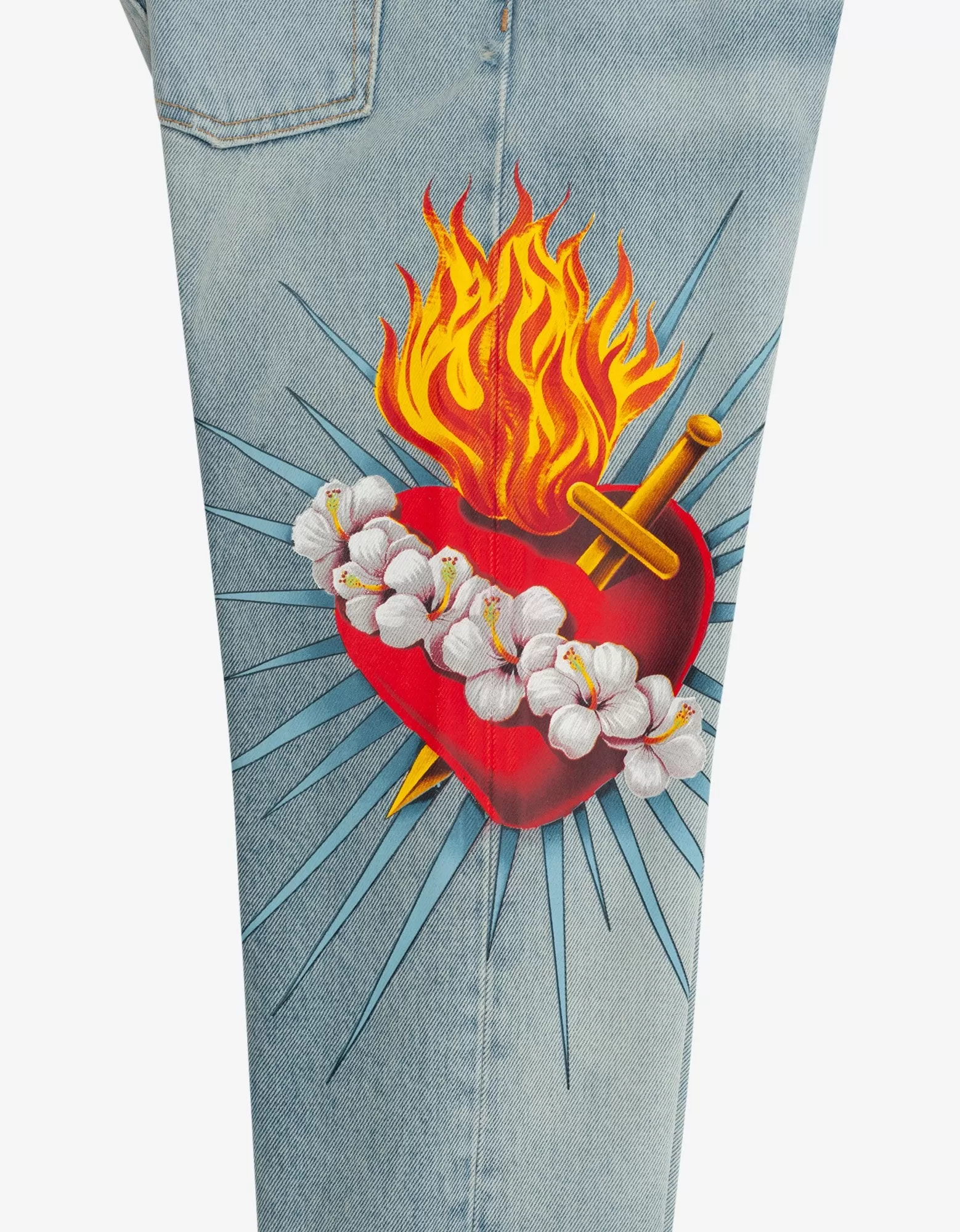 Blue Sacred Heart Print Straight-Leg Jeans