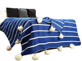 Blue with White Stripes Pom Pom Blanket