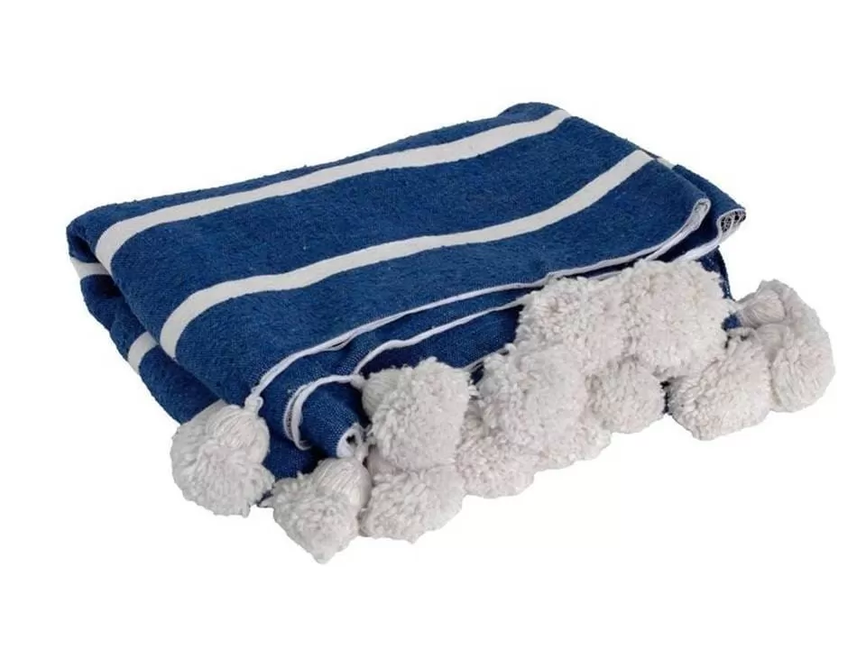 Blue with White Stripes Pom Pom Blanket