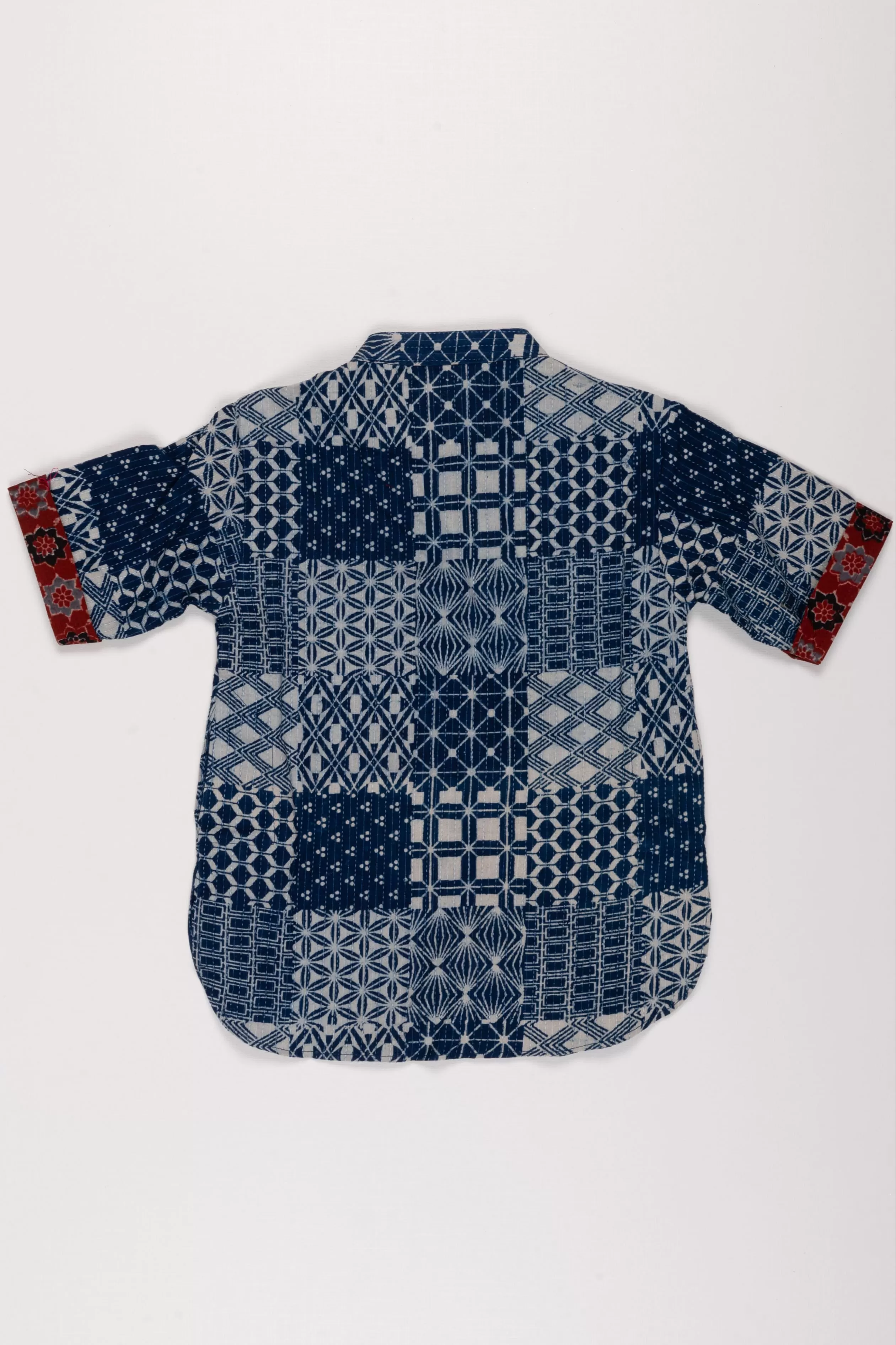 Boys Intricate Geometric Patterned Blue Cotton Shirt with Contrasting Cuff Detail