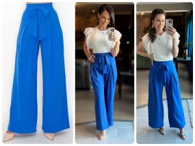 Bright Blue Solid Waist Tie Palazzo Pants