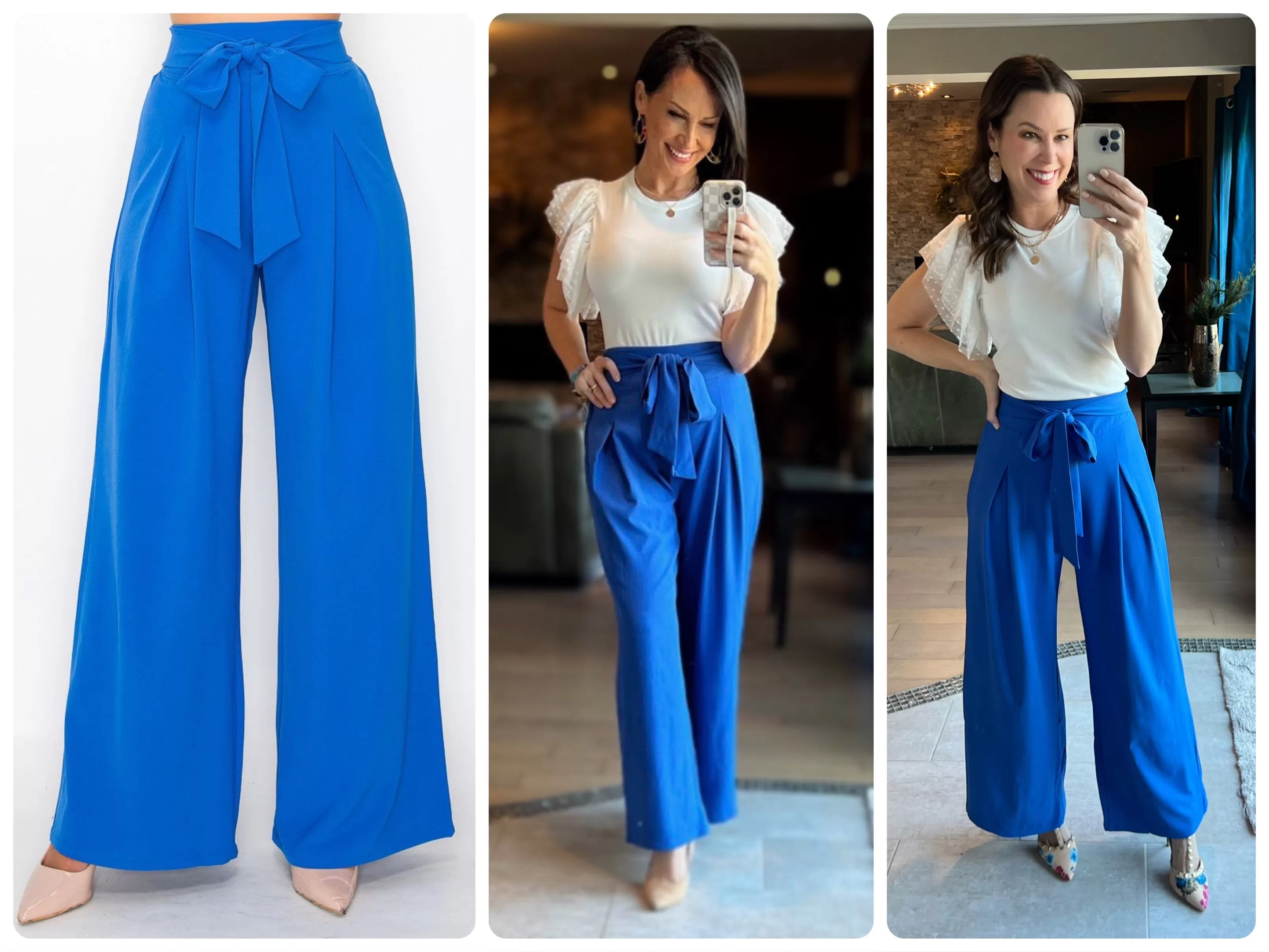 Bright Blue Solid Waist Tie Palazzo Pants