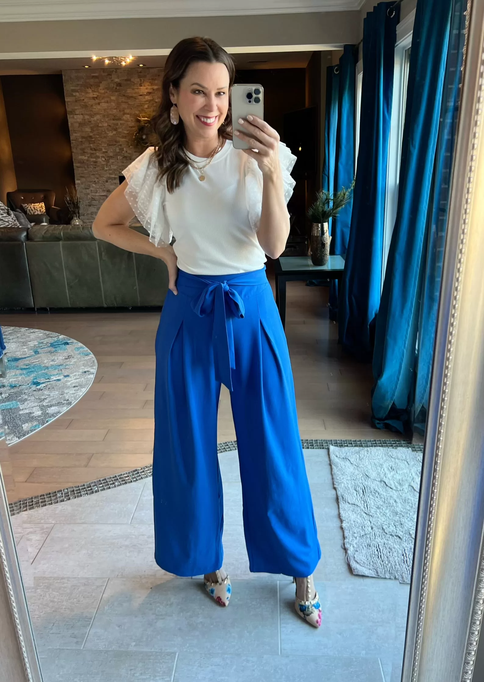 Bright Blue Solid Waist Tie Palazzo Pants