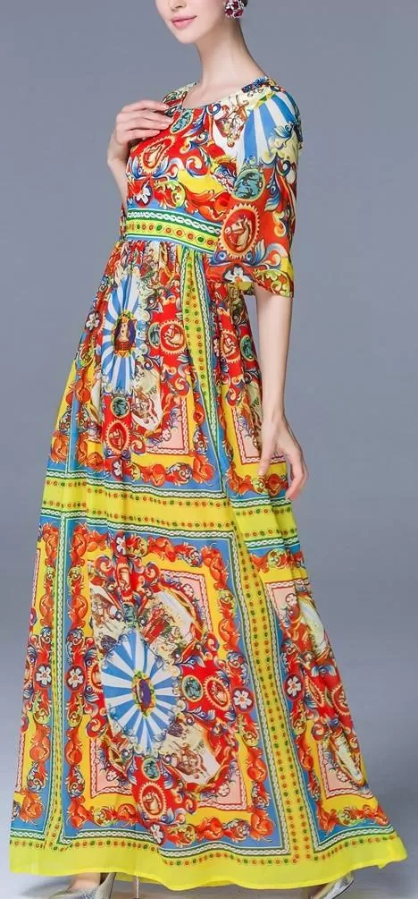 'Carretto' Multicolored Printed Satin Maxi Dress