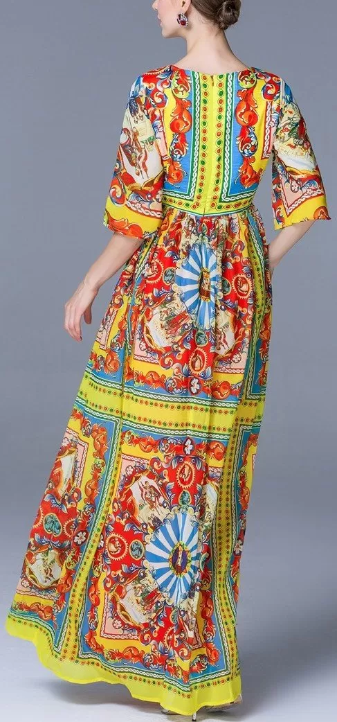 'Carretto' Multicolored Printed Satin Maxi Dress