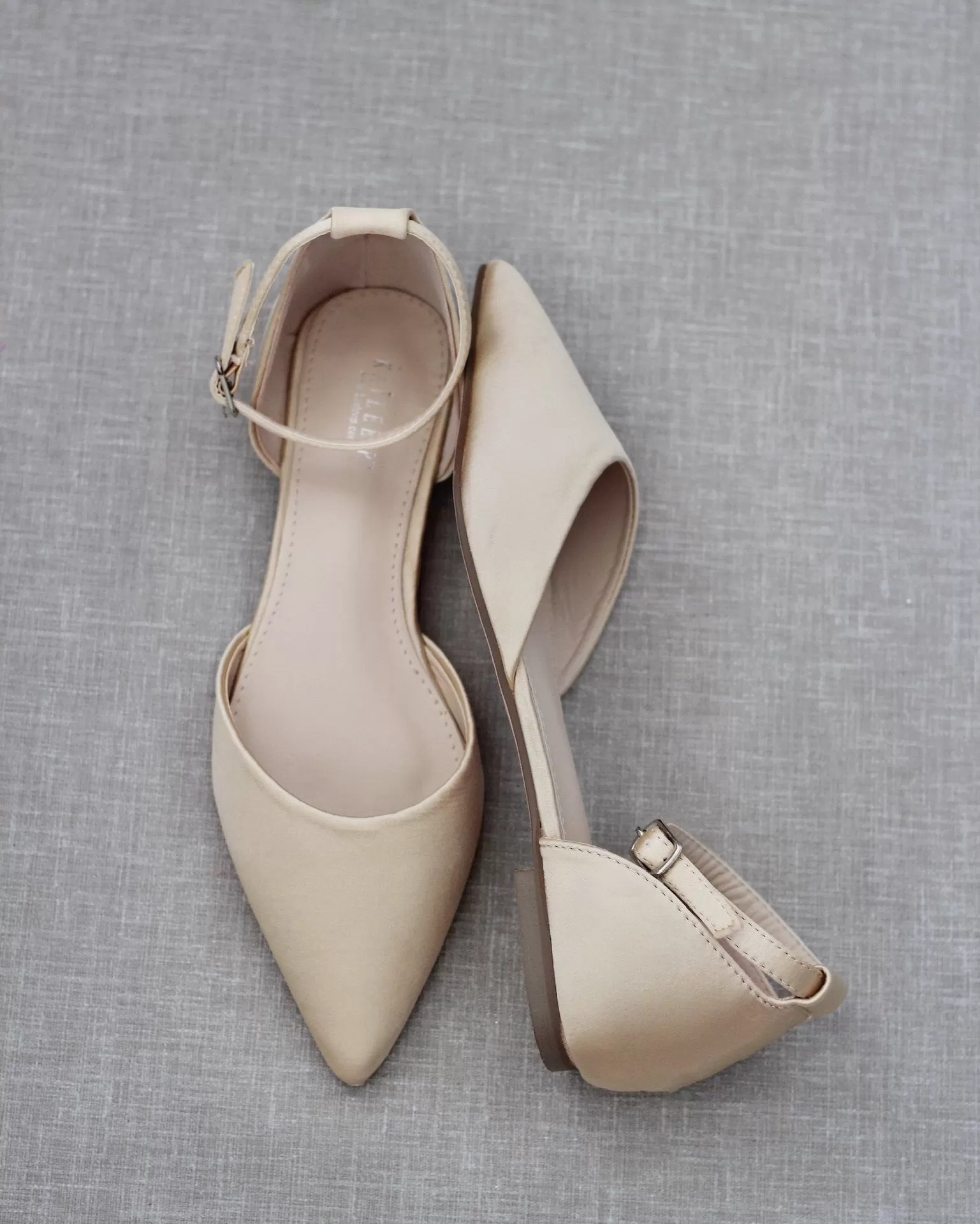 Champagne Satin Pointy Toe Flats with Ankle Strap