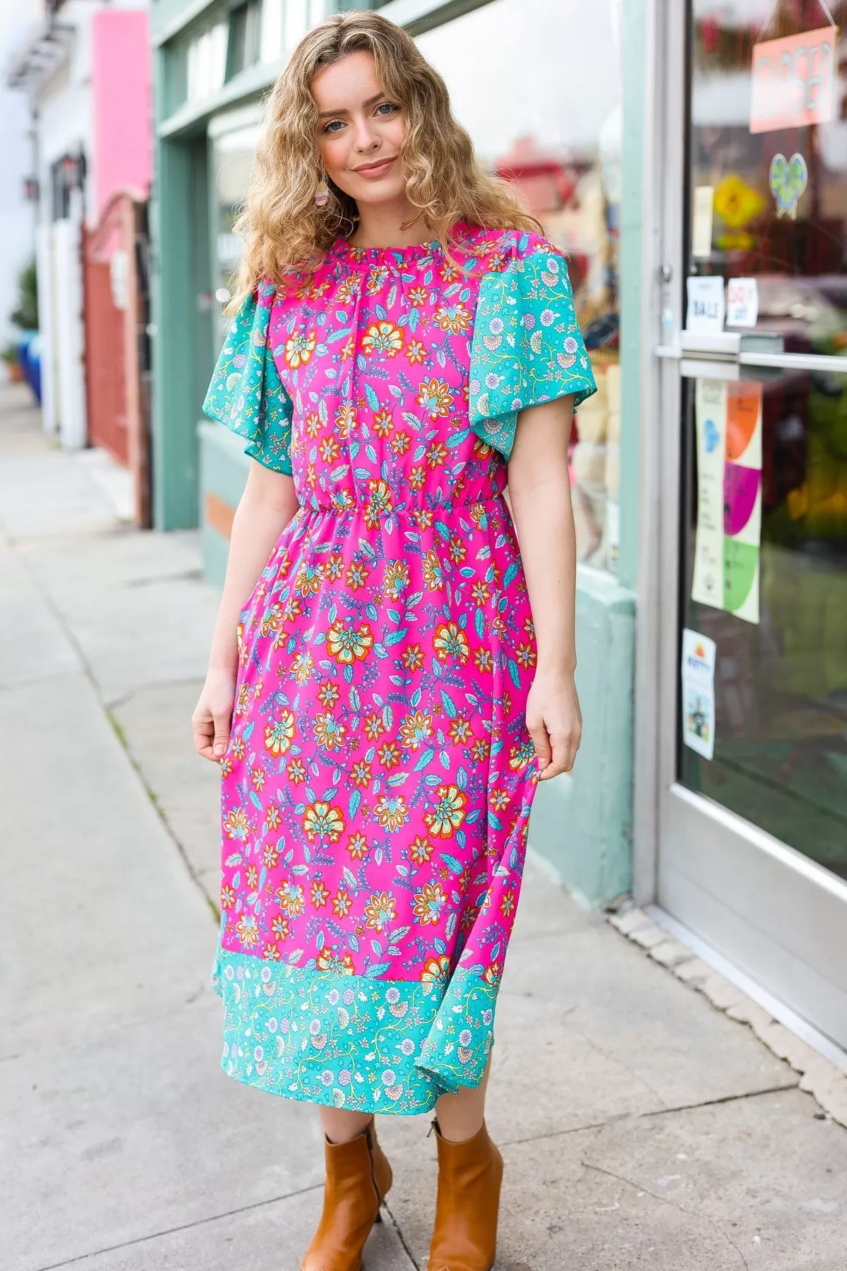 Charming Fuchsia & Mint Floral Frill Mock Neck Flutter Sleeve Midi Dress