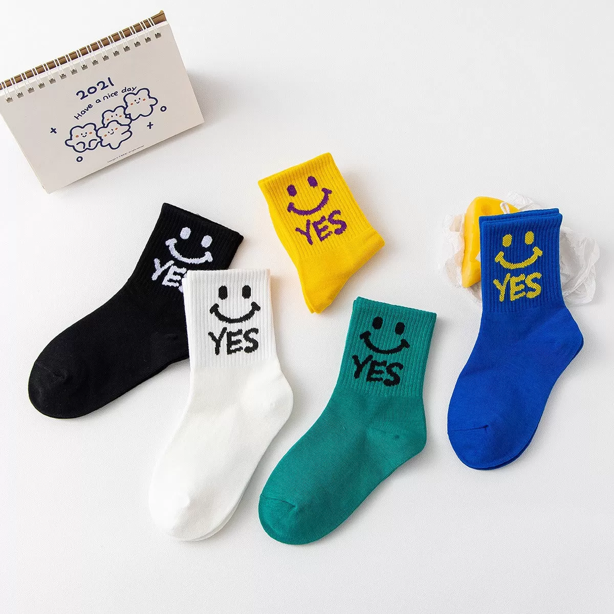 Children Cotton Mid Tube Socks Smiling Faces