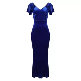 Cobalt Blue V Neck Velour Maxi Dress w/ Fishtail Hem & Waterfall Sleeves