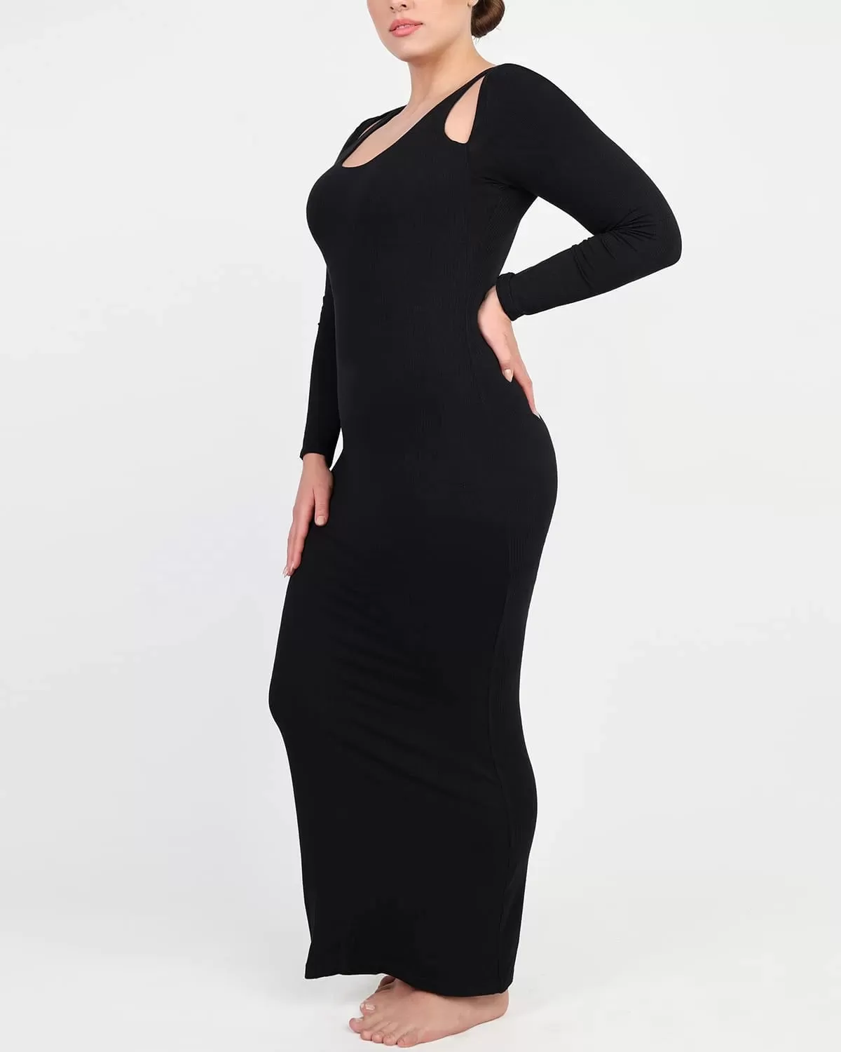 Cozy Ribbed Shoulder Cut-Out Shaping Dress