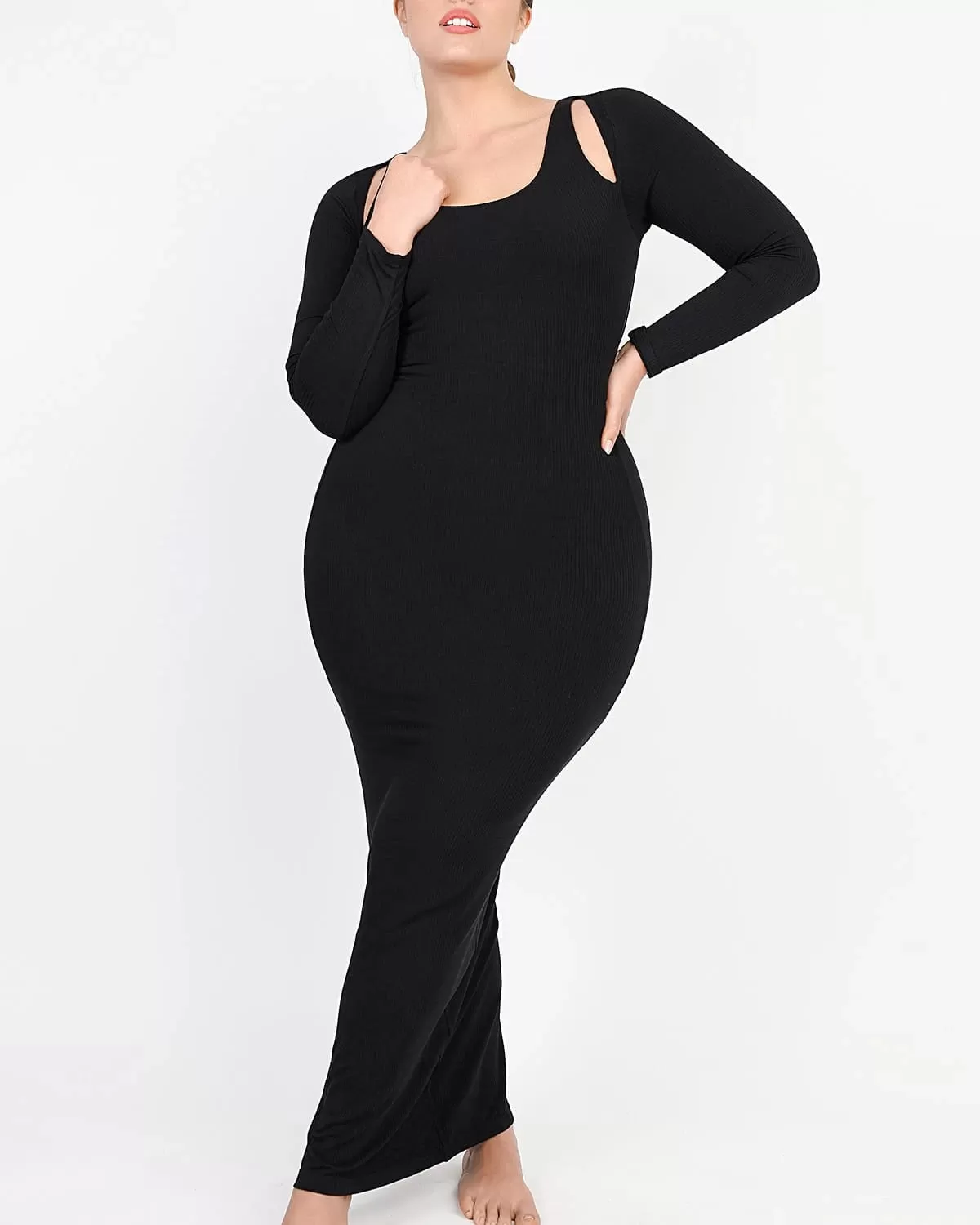 Cozy Ribbed Shoulder Cut-Out Shaping Dress