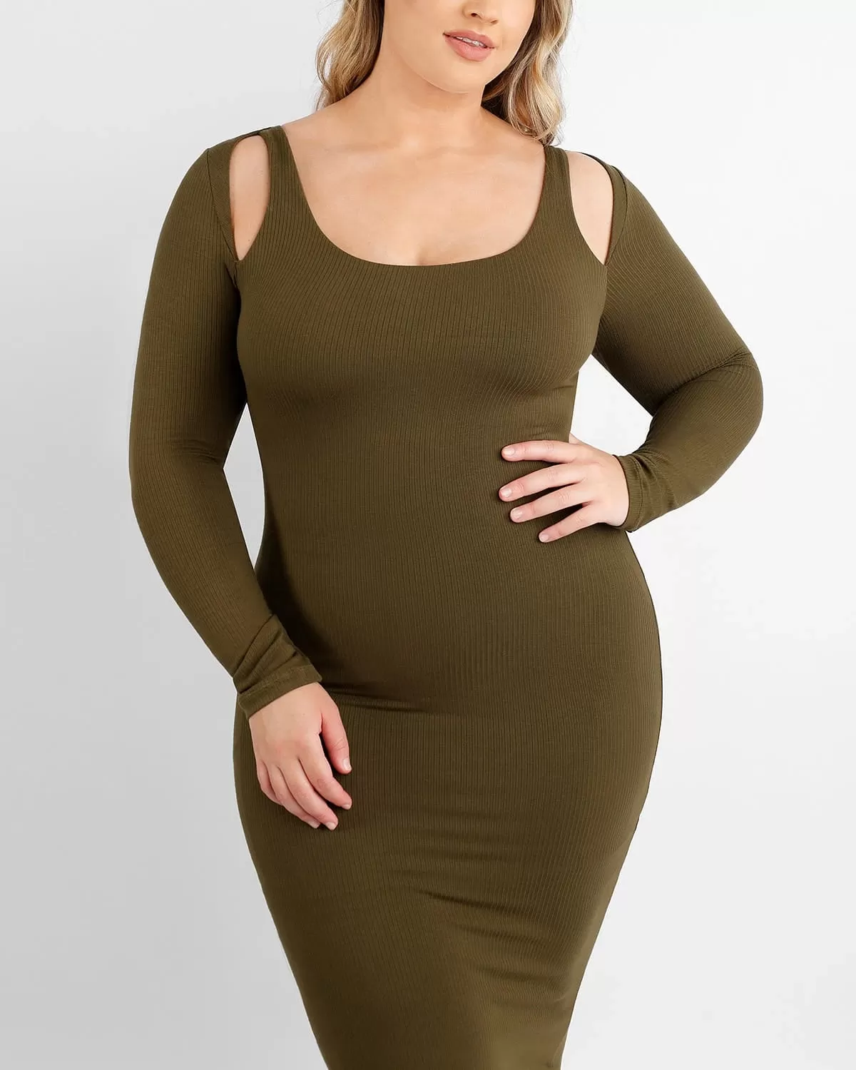 Cozy Ribbed Shoulder Cut-Out Shaping Dress