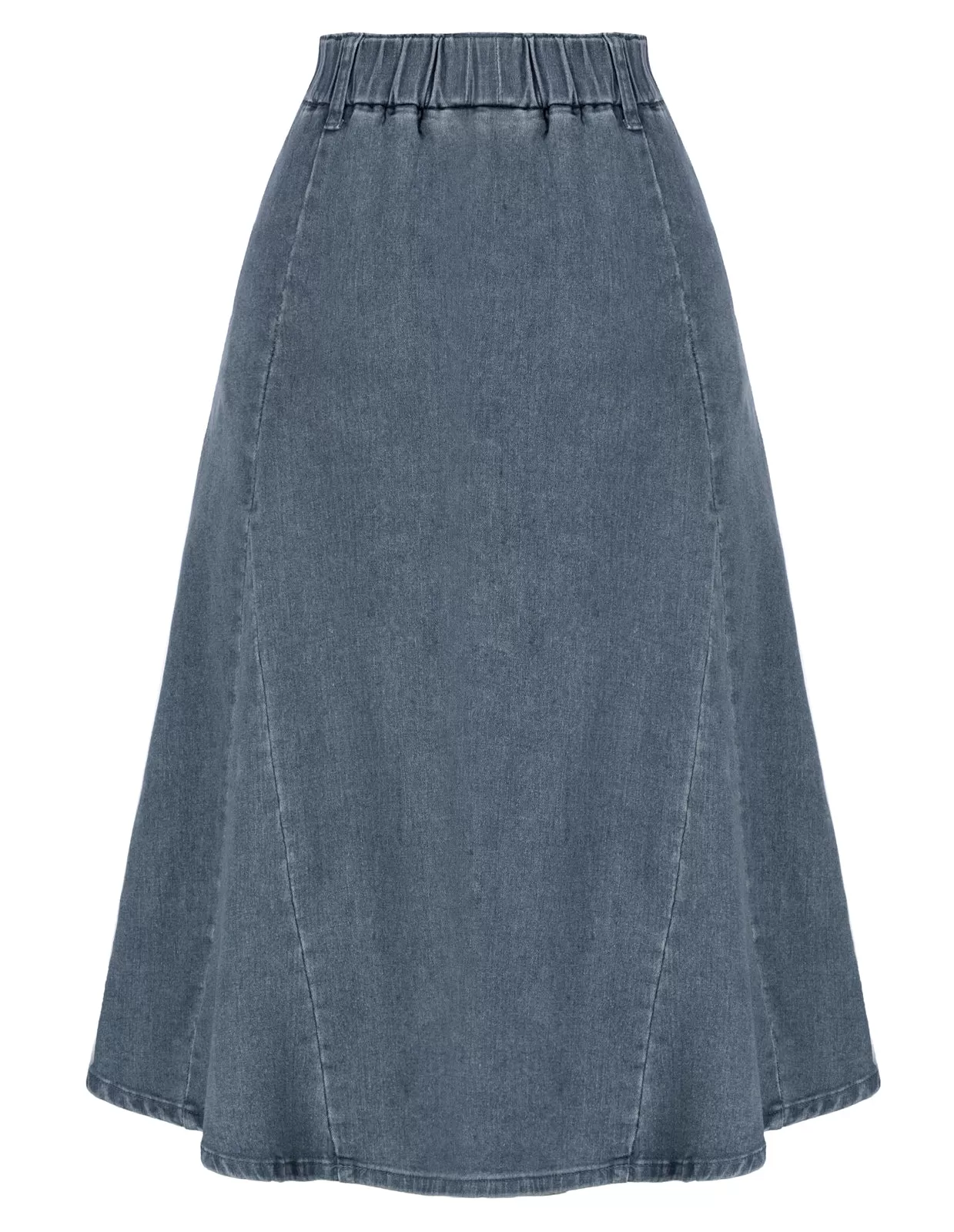 Denim Skirts Knee Length Vintage Elastic High Waist A-Line Midi Jean Skirts with Pockets