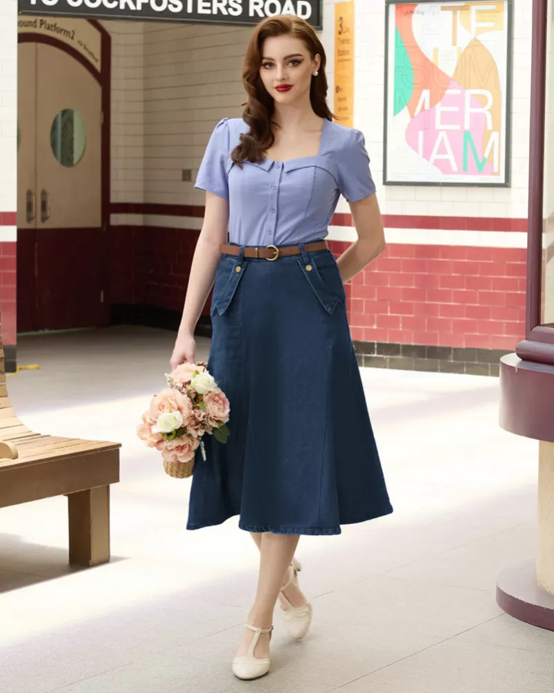 Denim Skirts Knee Length Vintage Elastic High Waist A-Line Midi Jean Skirts with Pockets