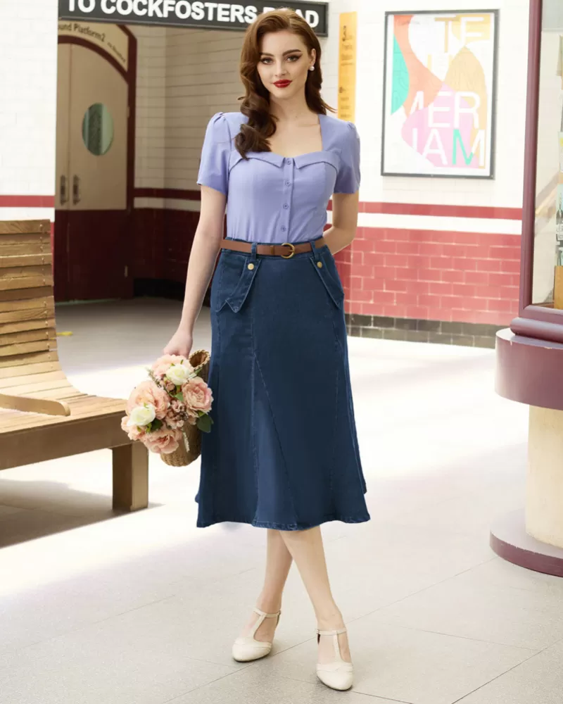 Denim Skirts Knee Length Vintage Elastic High Waist A-Line Midi Jean Skirts with Pockets