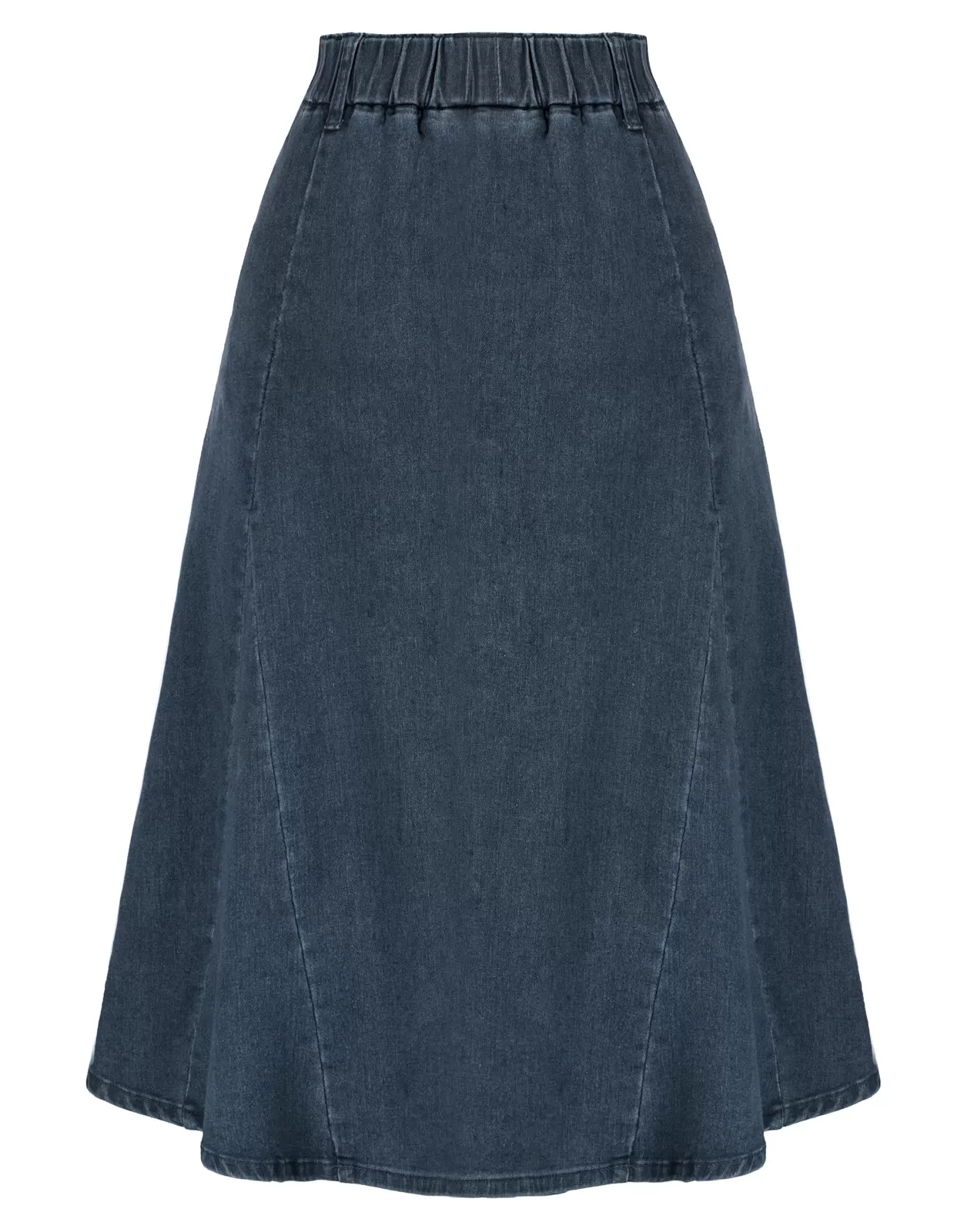 Denim Skirts Knee Length Vintage Elastic High Waist A-Line Midi Jean Skirts with Pockets