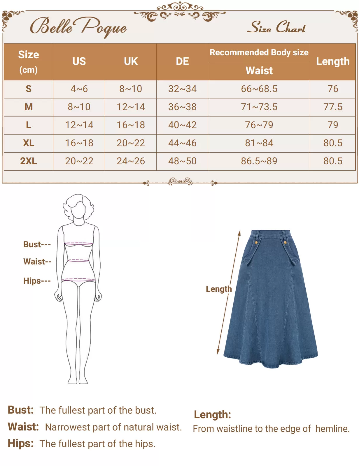 Denim Skirts Knee Length Vintage Elastic High Waist A-Line Midi Jean Skirts with Pockets