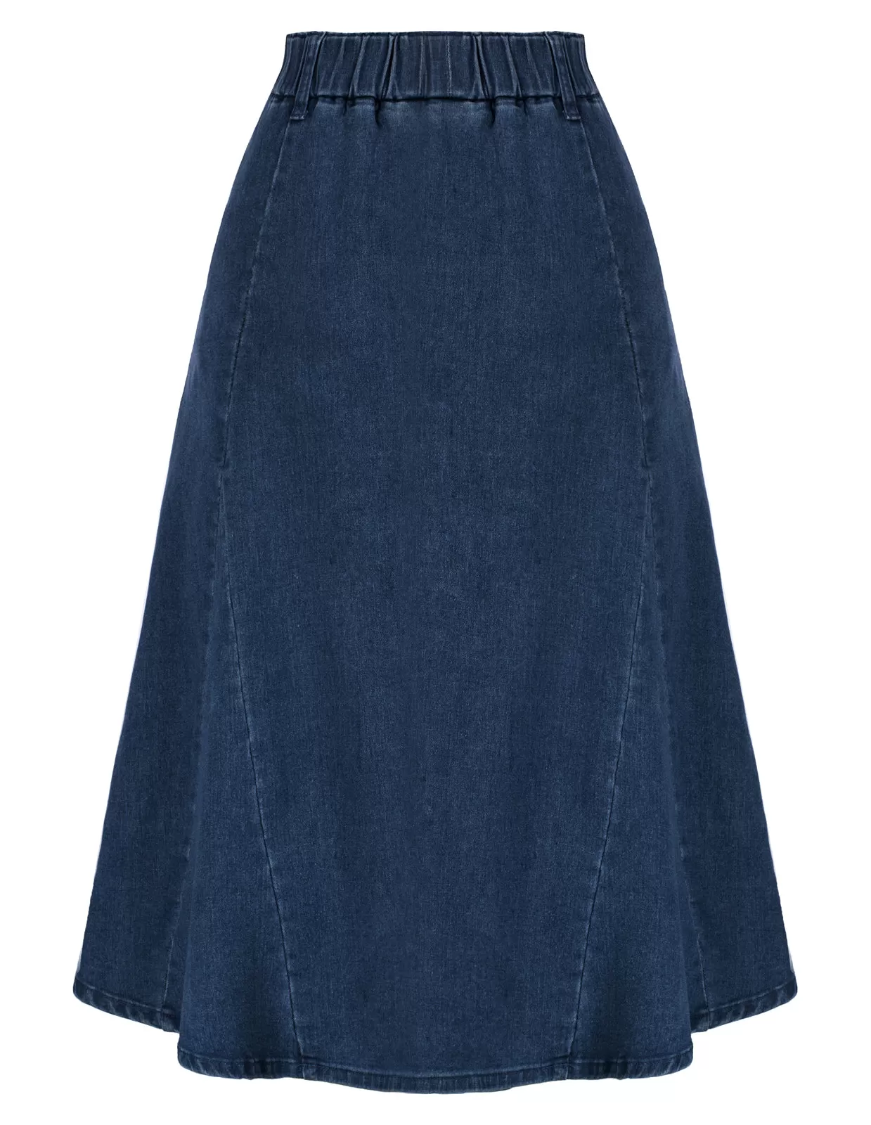 Denim Skirts Knee Length Vintage Elastic High Waist A-Line Midi Jean Skirts with Pockets