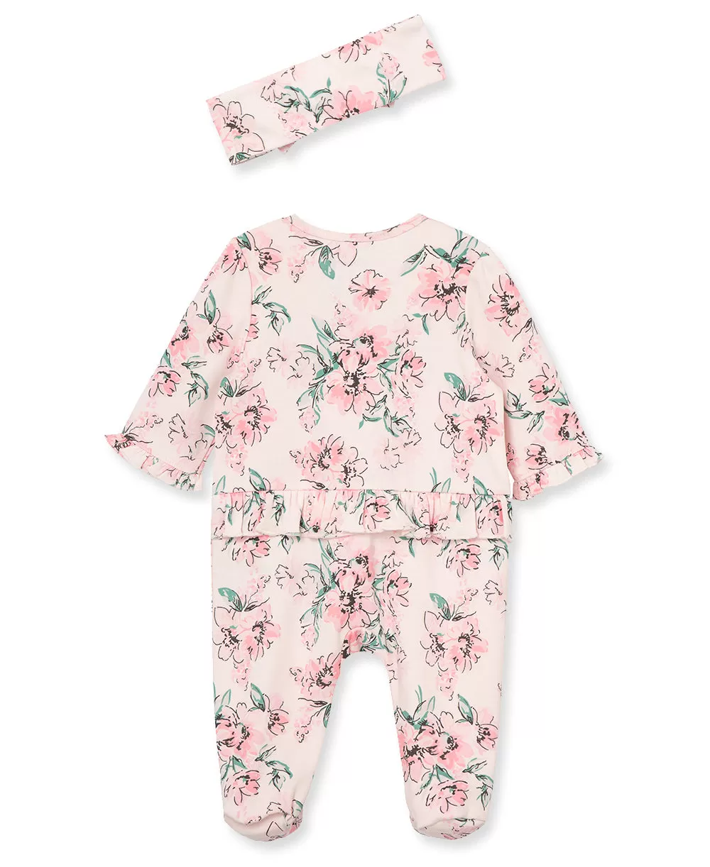 Dream Floral 2-Way-Zip Footed One-Piece and Headband