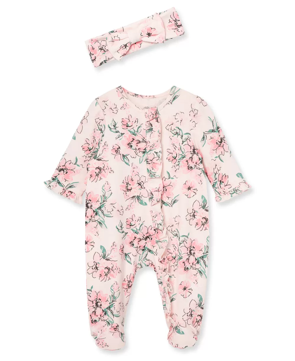 Dream Floral 2-Way-Zip Footed One-Piece and Headband