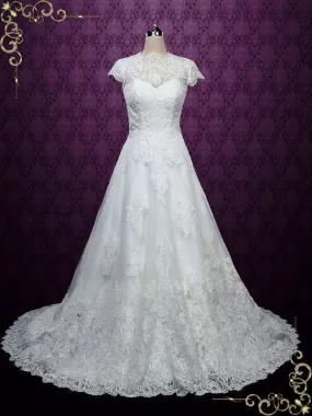 Elegant Short Sleeves Lace A-line Wedding Dress with Modest Neckline ELISE