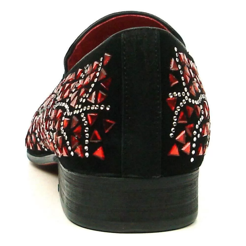 Fiesso Black Suede Red Rhinestones Formal Entertainer Slip on Shoes FI 7415