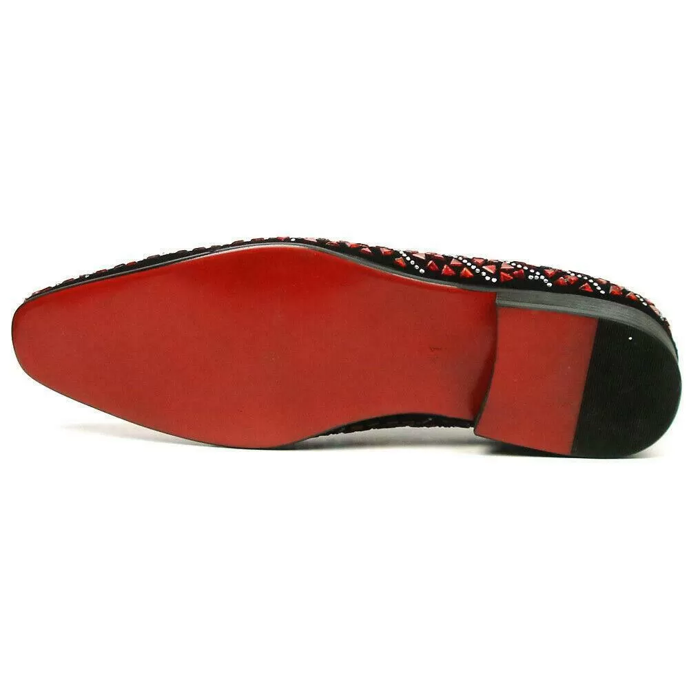 Fiesso Black Suede Red Rhinestones Formal Entertainer Slip on Shoes FI 7415