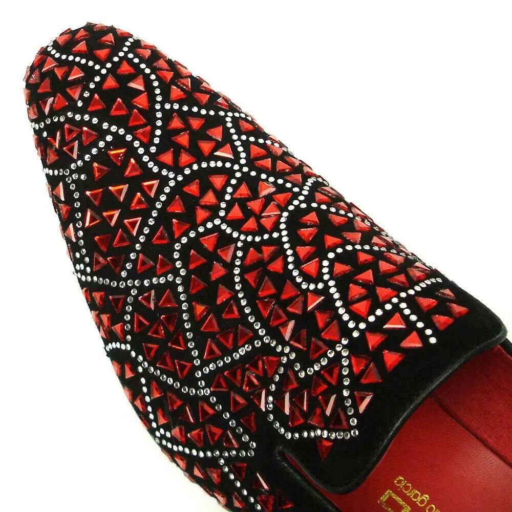 Fiesso Black Suede Red Rhinestones Formal Entertainer Slip on Shoes FI 7415