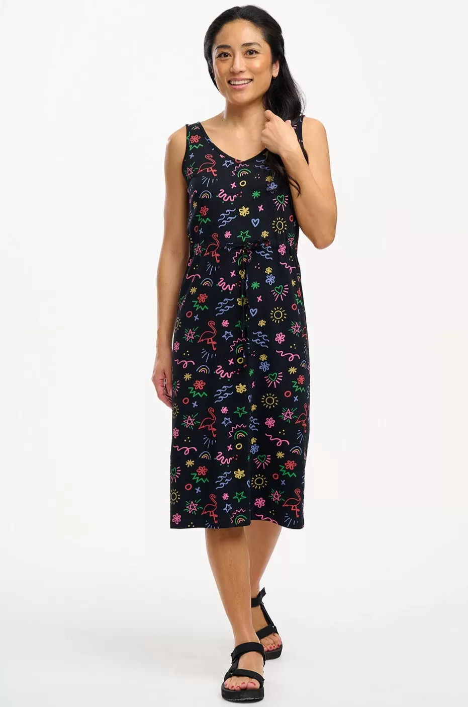 Gilly Jersey Midi Dress - Black, Flamingo Doodle