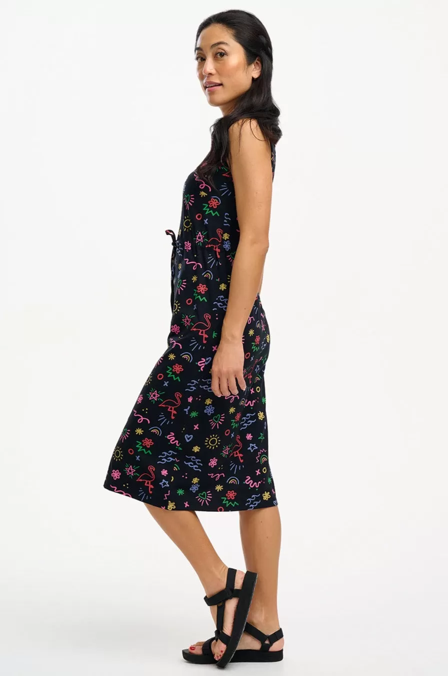 Gilly Jersey Midi Dress - Black, Flamingo Doodle