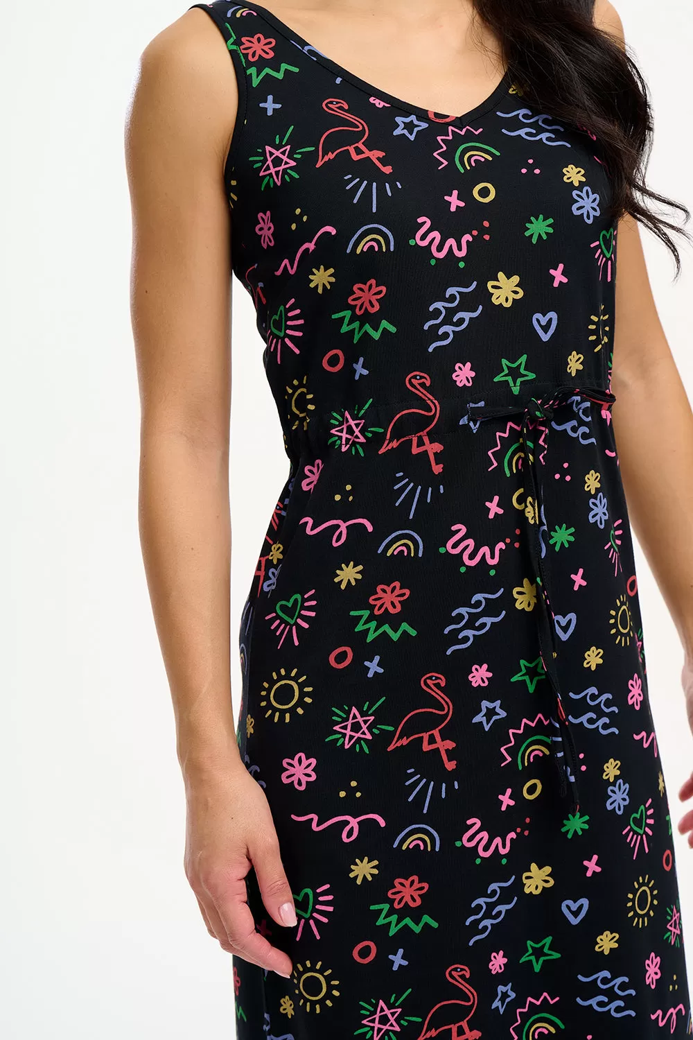 Gilly Jersey Midi Dress - Black, Flamingo Doodle