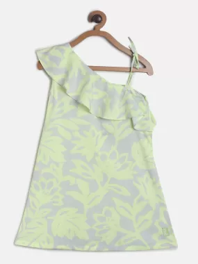 Girls Neon Green Printed Single Shoulder Top